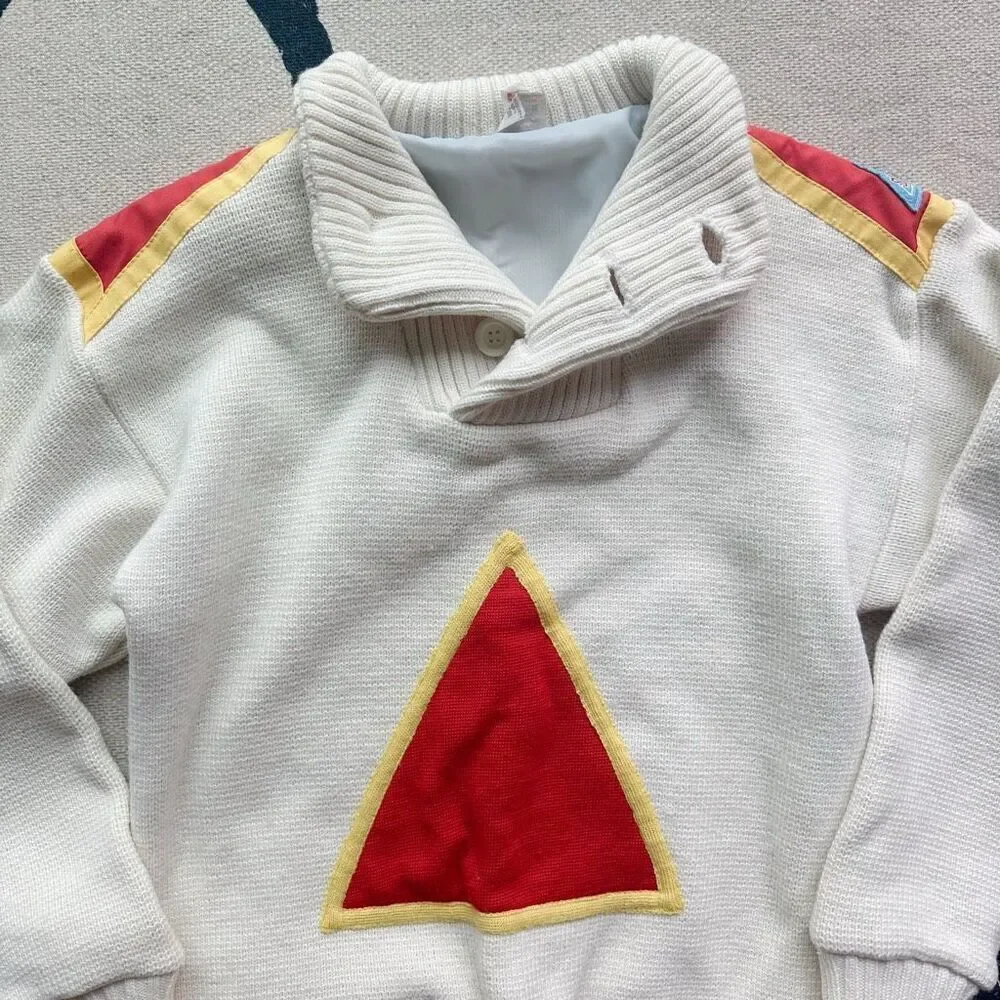Y2K Geometric White‎ Wool Blend Sweater Sz S Pocket Denmark Made - Picture 3 of 6